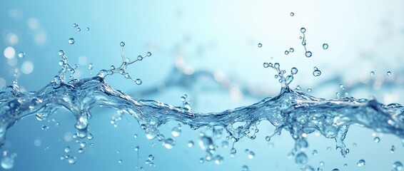 Blue water splash with droplets and waves on light background with copy space. Fresh spring water concept for World Water Day, Earth Day, Ocean Day, Clean Water Week and World Environment Day
