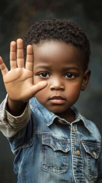 Ni&ntilde;o africano deteniendo con la mano abierta, neg&aacute;ndose, no al hambre y a la discriminaci&oacute;n racial.