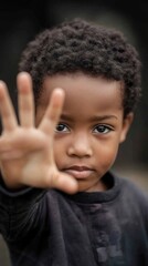 Niño africano deteniendo con la mano abierta, negándose, no al hambre y a la discriminación racial.