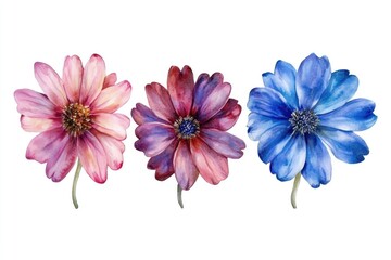 Three colorful flowers on a white background, ideal for designs and presentations