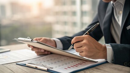 Businessperson Reviewing Documents On Clipboard and Pen Analysis