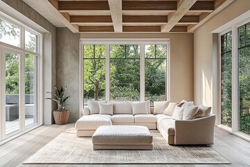 Fototapeta premium Elegant Modern Living Room with Natural Light and Cozy Furnishings in Luxurious Home