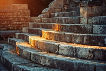Ancient amphitheater with weathered stone seats bathed in warm sunlight, showcasing timeless architectural beauty.