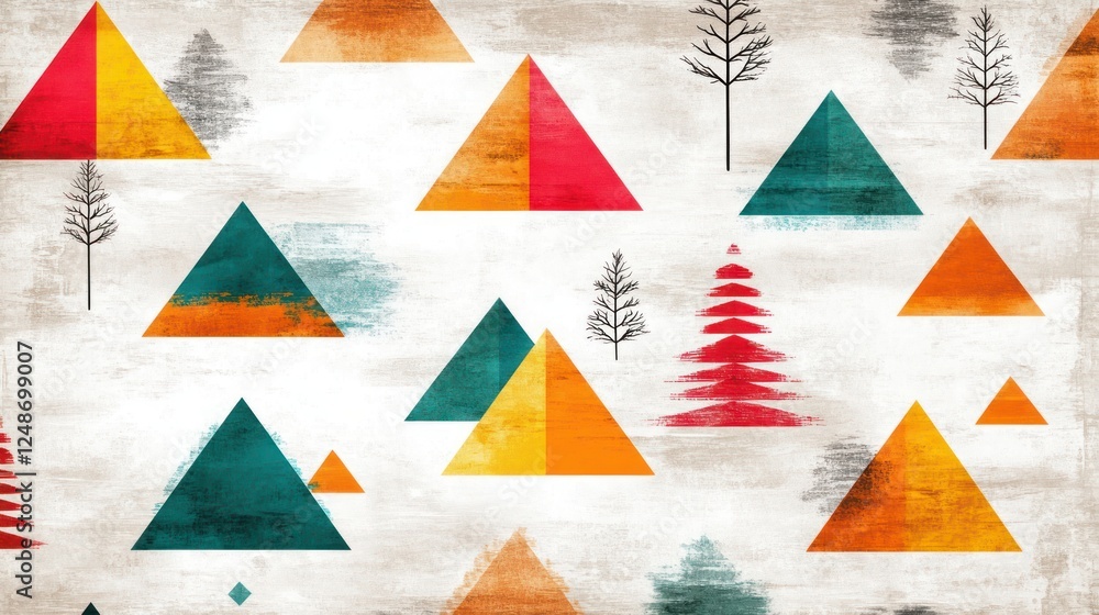 Poster Abstract Geometric Pattern with Colorful Triangles and Minimalist Trees on Distressed Background