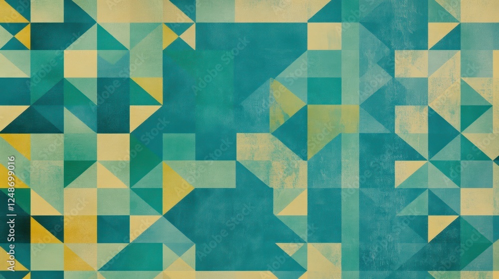 Aufkleber Abstract geometric design with teal, yellow and cream triangles creating a modern art background texture.