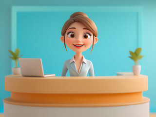 Blank wall mockup at background with the Portrait of a smiling receptionist in office, cartoon 3d render, 300dpi