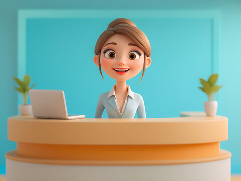 Blank wall mockup at background with the Portrait of a smiling receptionist in office, cartoon 3d render, 300dpi