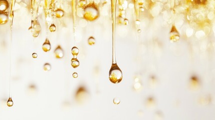 Obraz premium Golden oil drops falling, blurred background