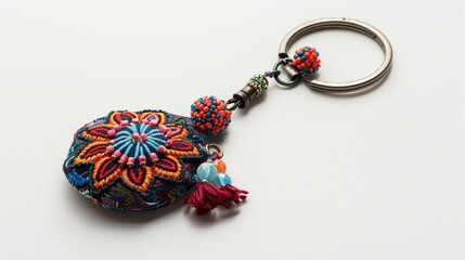 A handmade keychain with a fabric charm and beaded accents, positioned centrally on white.