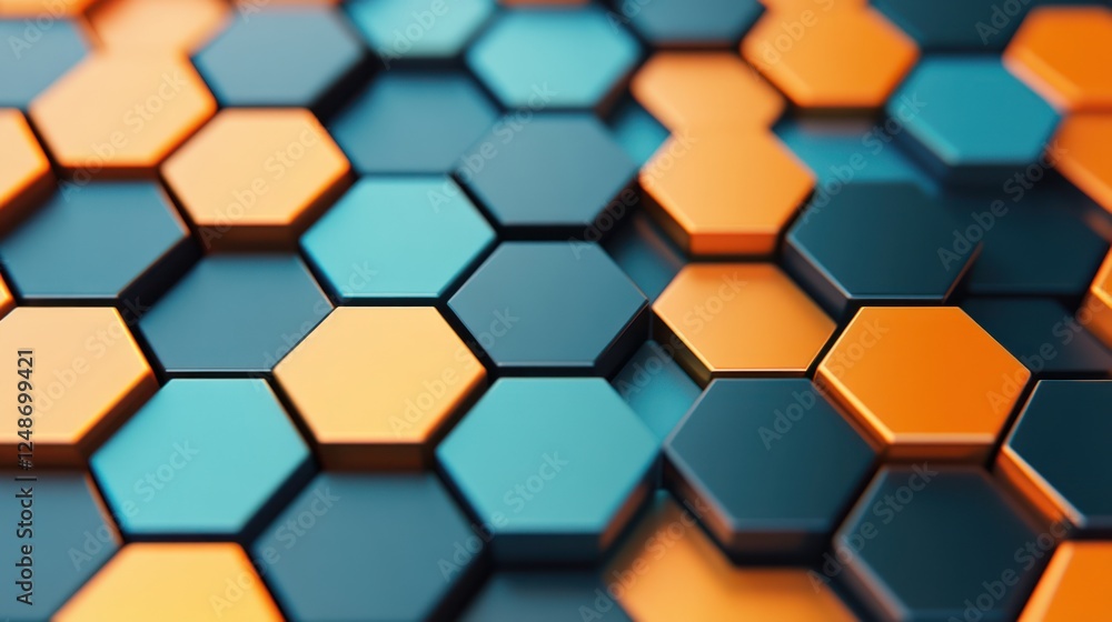 Poster colorful hexagonal tiles with shades of blue and orange for modern abstract background design