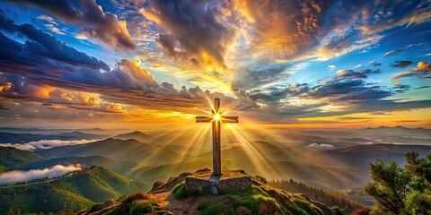 Obraz premium AI art depicts a sacred cross, prayerful peace, a heavenly panoramic divine image.