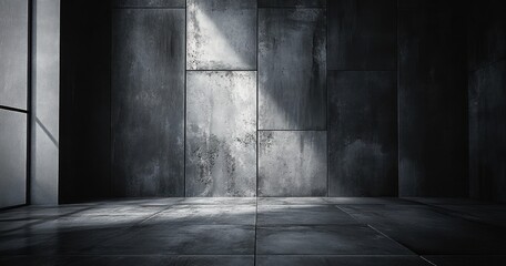 Dark Grimy Metal Room Background with Textured Concrete Walls and Ambient Lighting