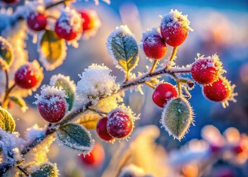 Airdrie's winter wonderland: frosted leaves and berries gleam in low-light photography.