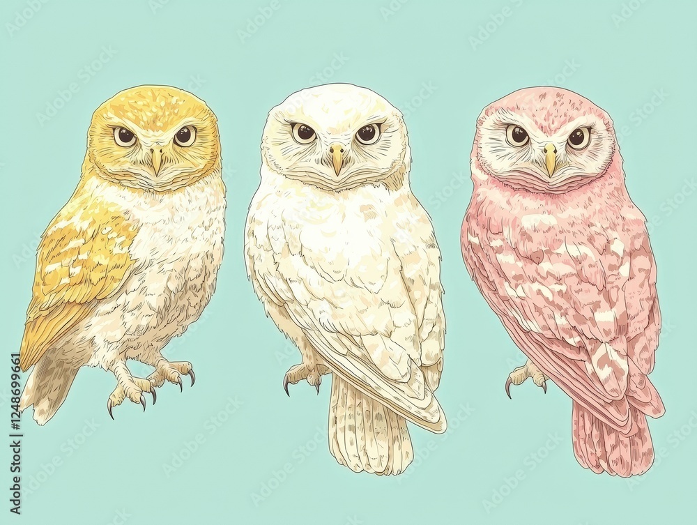 Aufkleber vintage vector illustration of three unique owls with distinctive features and colors on a soft back