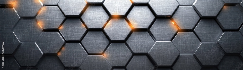 Poster modern hexagonal metallic background abstract design with brushed steel texture and symmetrical comp