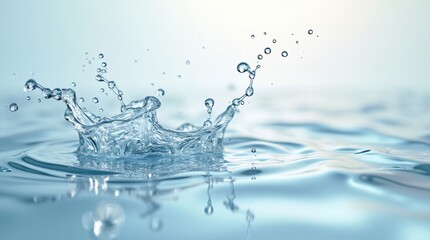 Crystal clear water splash and crown shaped droplets on blue aqua surface. World Water Day, Ocean Day and Earth Day concept. Clean environment and water conservation awareness campaign background