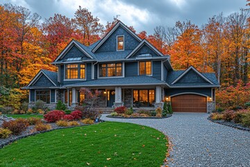 Elegant modern home surrounded by vibrant autumn foliage, showcasing landscaped garden and tranquil atmosphere
