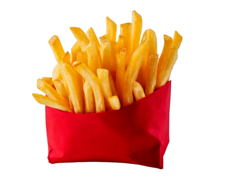 French fries, red bag, white PNG, transparent background, crispy, golden, salted, deep-fried, potato, fast-food, snack, delicious, crunchy, sticks, hot, fresh, thin, tasty, appetizing, fried, crispy-t