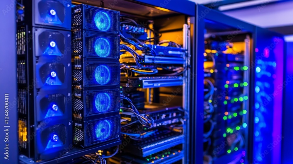 Poster high-tech server room featuring powerful computing hardware with glowing light and organized cables