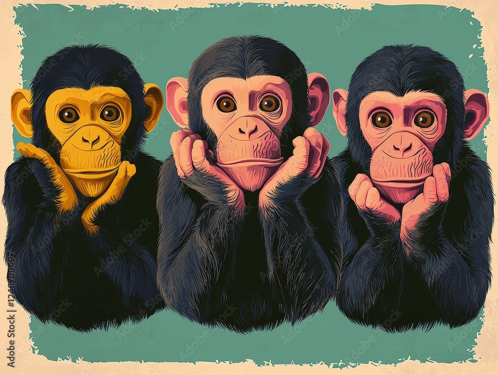 Aufkleber vintage vector illustration of three monkeys with expressive faces and colorful features on a retro 
