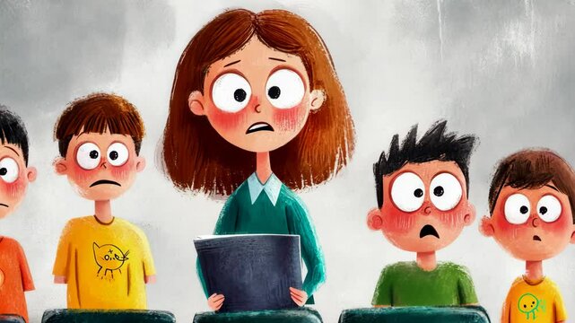 Nervous female teacher reading children's book, students listening intently with wide eyed expressions and blushing cheeks in animated classroom scene