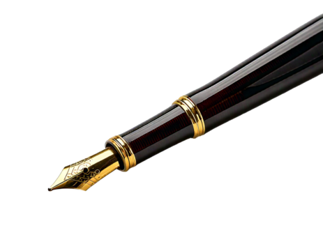 Ink pen, black smooth writing tool, elegant classic design, fine nib, glossy body, metallic clip, precise lines, creative expression, stationery accessory, PNG transparent background, isolated, high-r