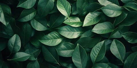 Lush Green Leaves on a Dark Background Creating a Serene Natural Wall of Texture and Color in a Top View Perspective