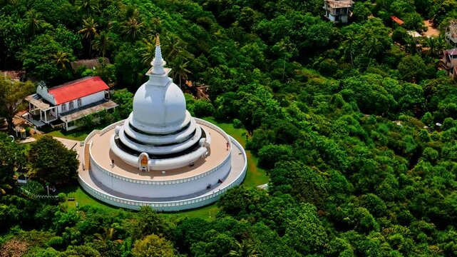 White Buddhist stupa surrounded by lush greenery at the Japanese Peace Pagoda in Sri Lanka