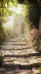 Fototapeta premium Ancient stone pathway guiding visitors to a majestic historic monument bathed in sunlight.