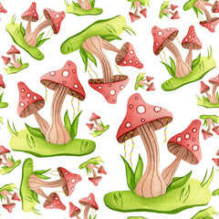 Watercolor seamless pattern of magic fly mushrooms with garlands of yellow lanterns