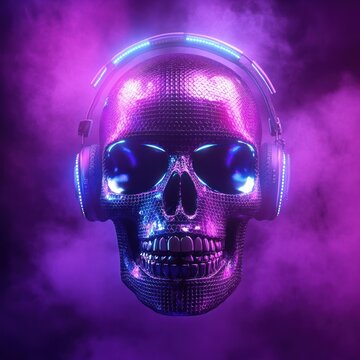 Futuristic Disco Skull Neon Lights Cyberpunk Art 3D Illustration Party Rave Concert Club