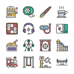 A collection of simple, colorful, outline icons representing various leisure activities.