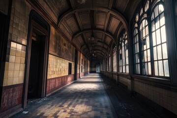 Fototapeta premium A long hallway with a clock on the wall, ideal for use in scenes about time, schedules, or nostalgia