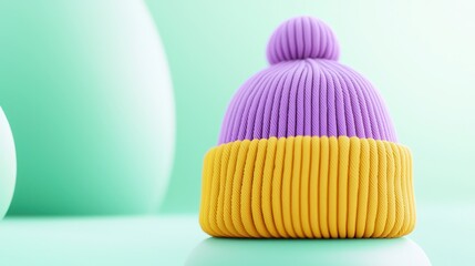 Colorful Knit Beanie Hat with Pom Pom on Soft Background for Fashion and Winter Accessories