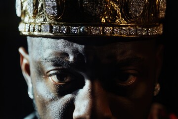 Close-up shot of a person wearing a crown, perfect for use in historical or fantasy-themed projects