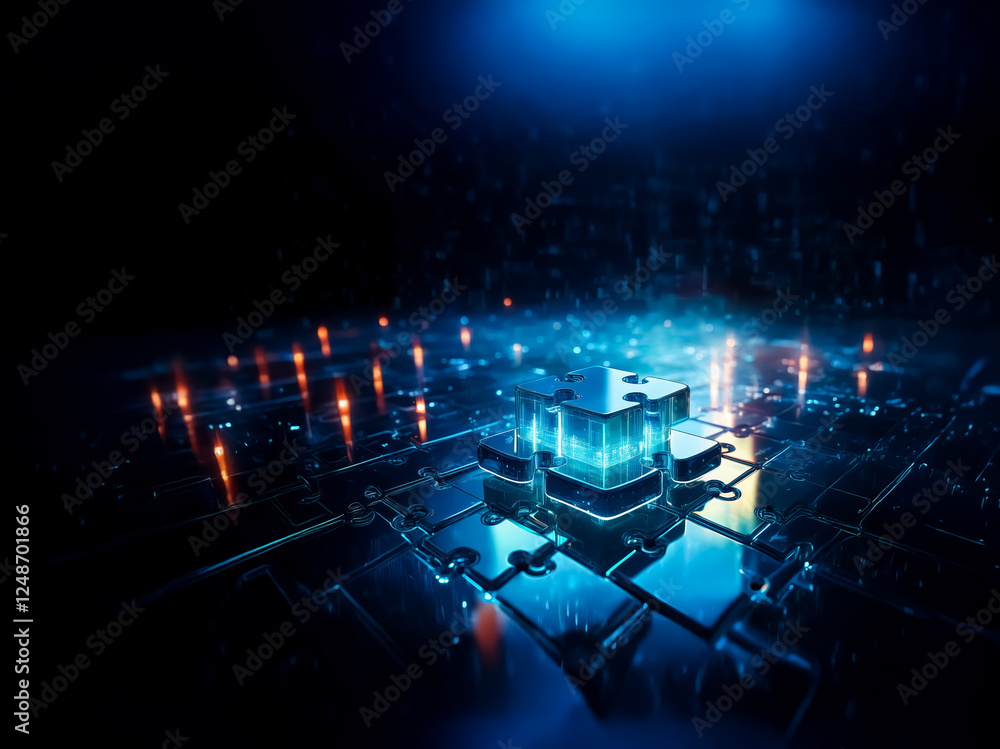 Poster futuristic abstract structure with glowing blue and orange lights on a dark surface. illuminated, mo