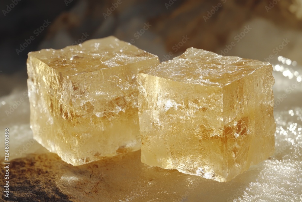 Poster a pair of ice cubes resting on a flat surface, frozen in time
