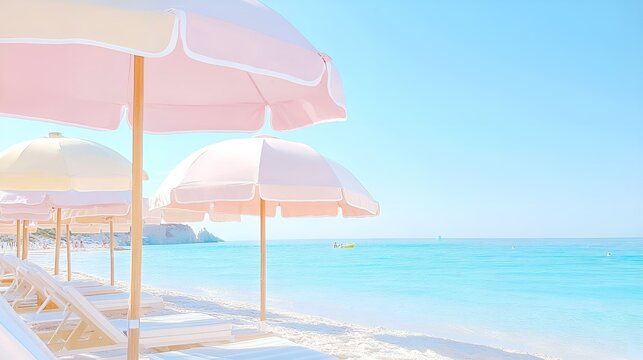 Pastel-colored beach umbrellas and sun loungers on a sandy shore with calm turquoise waters and a distant yellow kayak under a clear blue sky