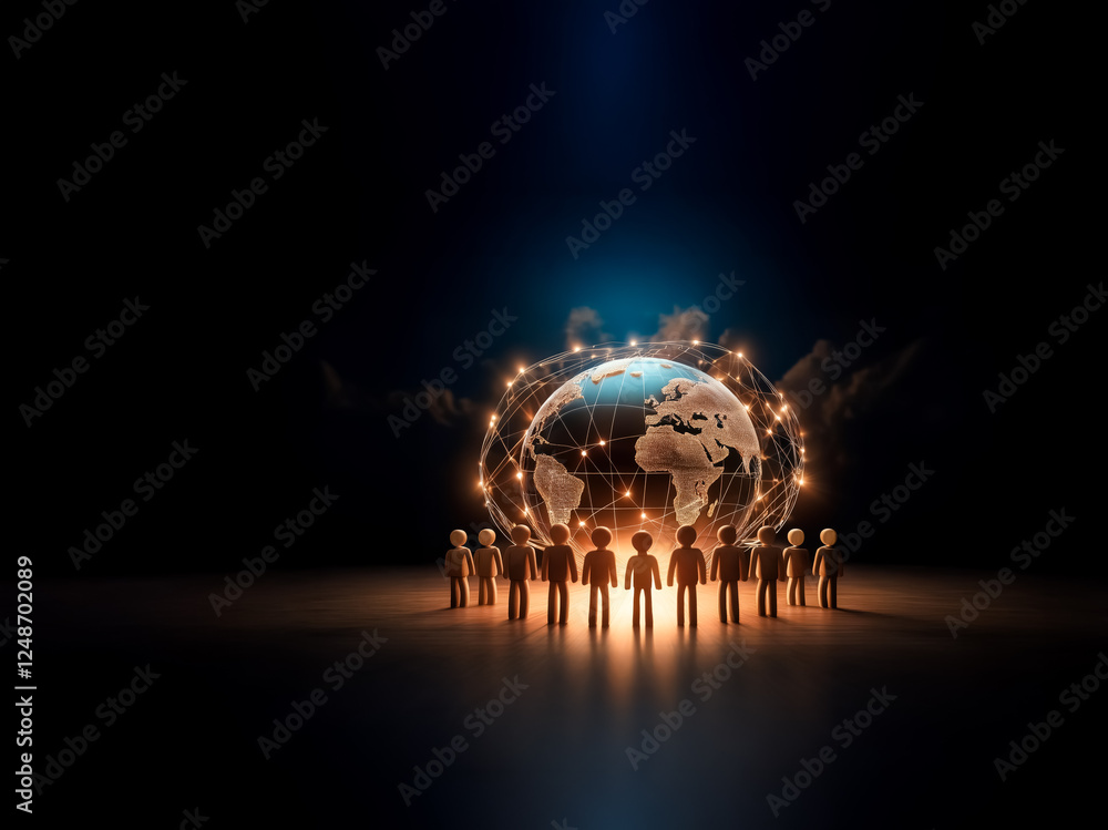 Poster networked globe with glowing connections and figures. symbolizes global collaboration and digital co