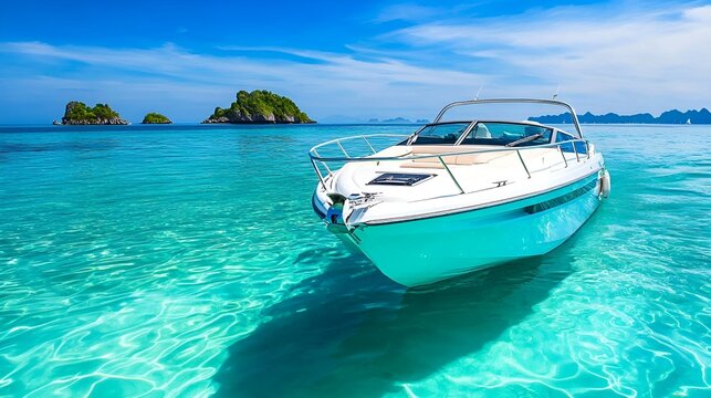 Luxury speedboat floating on crystal-clear turquoise water near tropical islands under a bright blue sky, creating a perfect setting for relaxation and adventure - Powered by Adobe