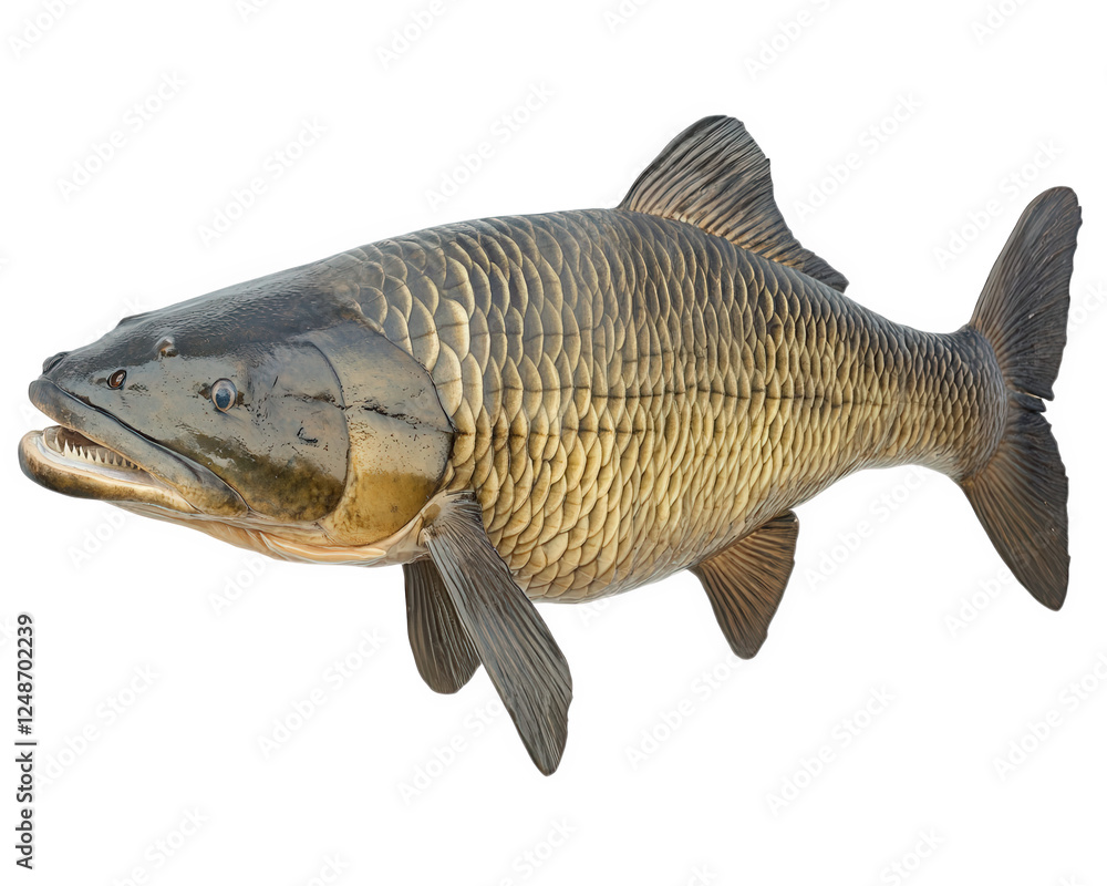 Poster unique arapaima fish with large size, showcasing its distinct features and scales, isolated on trans