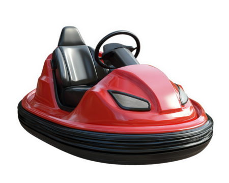 Bumper car in vibrant red color with black seating, designed for amusement parks and fun fairs, offering thrilling rides and excitement