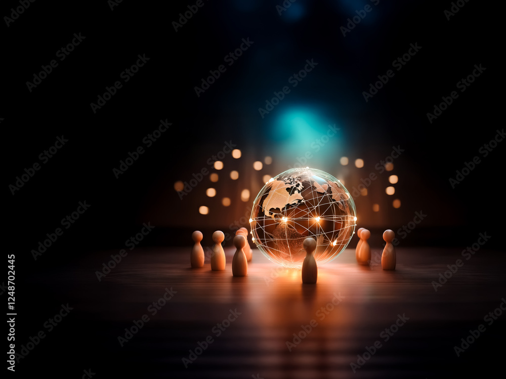 Poster illuminated globe surrounded by wooden figures, evoking global connection and network in a dark sett