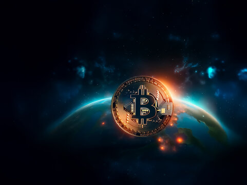 A glowing bitcoin hovers above Earth against a cosmic backdrop, symbolizing digital finance and global technology in a futuristic setting.
