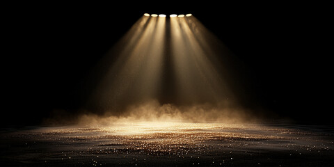 Golden spot light banner with the light beams falling on the presentation stage. Award ceremony banner, empty scene background with directed lights.