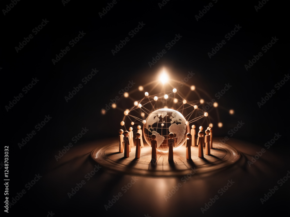 Poster golden figures surround a glowing globe, connected by a network of light. a symbol of global collabo