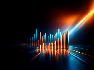 Abstract bar chart with upward trend, illuminated by vibrant blue and orange light streaks against a dark backdrop, symbolizing growth and progress.