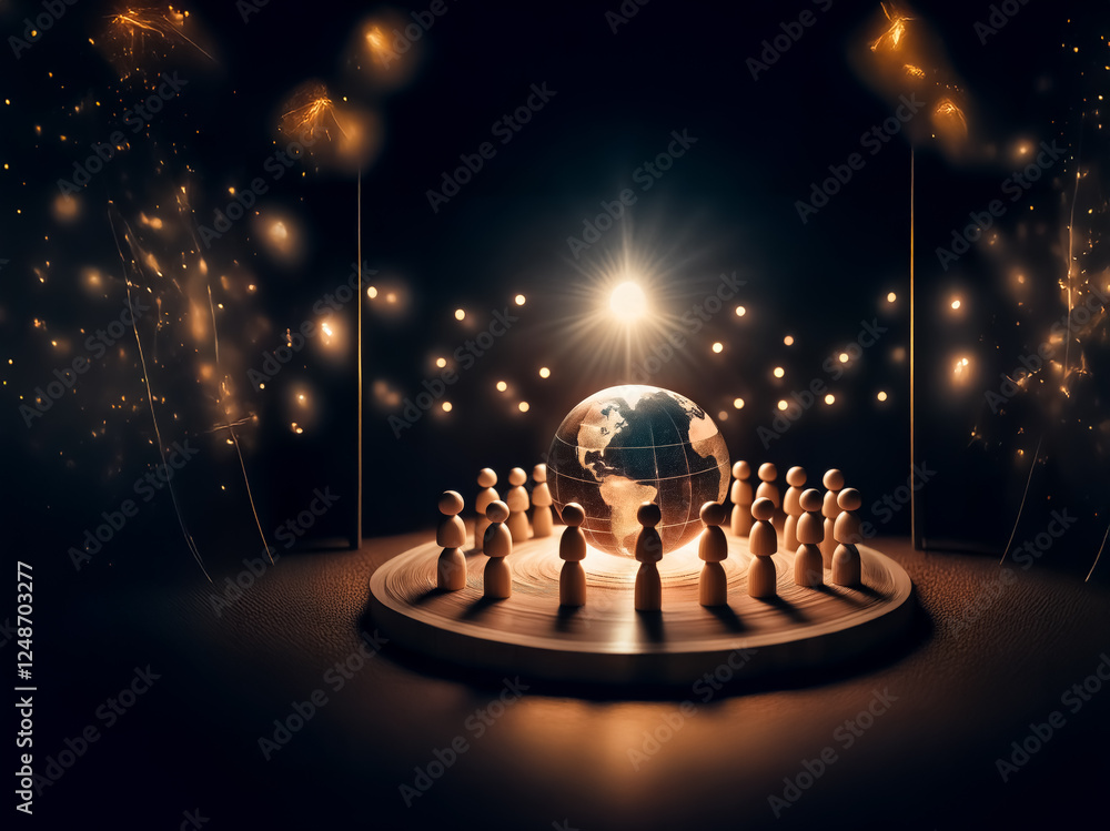 Aufkleber a stage with a glowing globe is surrounded by wooden figures under spotlights and sparkling lights, 