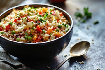 A simple meal setup with a bowl of rice and various vegetables accompanied by a spoon