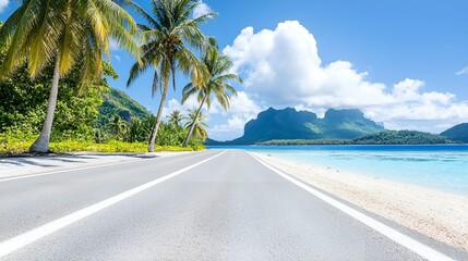Scenic coastal road with palm trees and turquoise ocean, leading to lush green mountains under a bright blue sky. A tropical paradise perfect for road trips, adventure, and relaxation by the sea